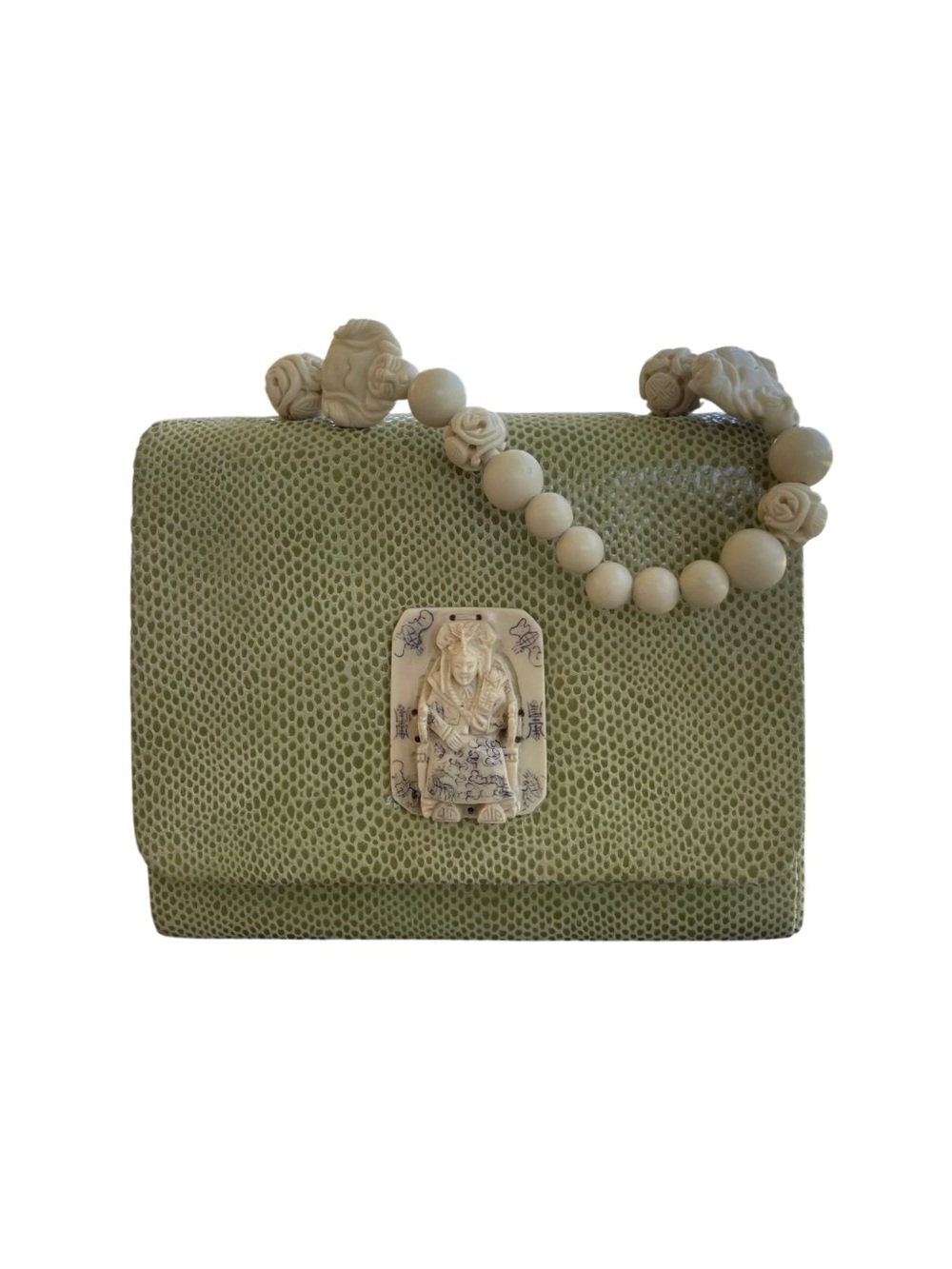 Vintage Ellie’s Designs Faux Lizard Bag with Carved Asian-Inspired Beaded Handle